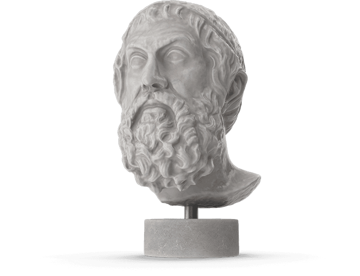A classical white marble bust of a bearded ancient Greek philosopher mounted on a stone base
